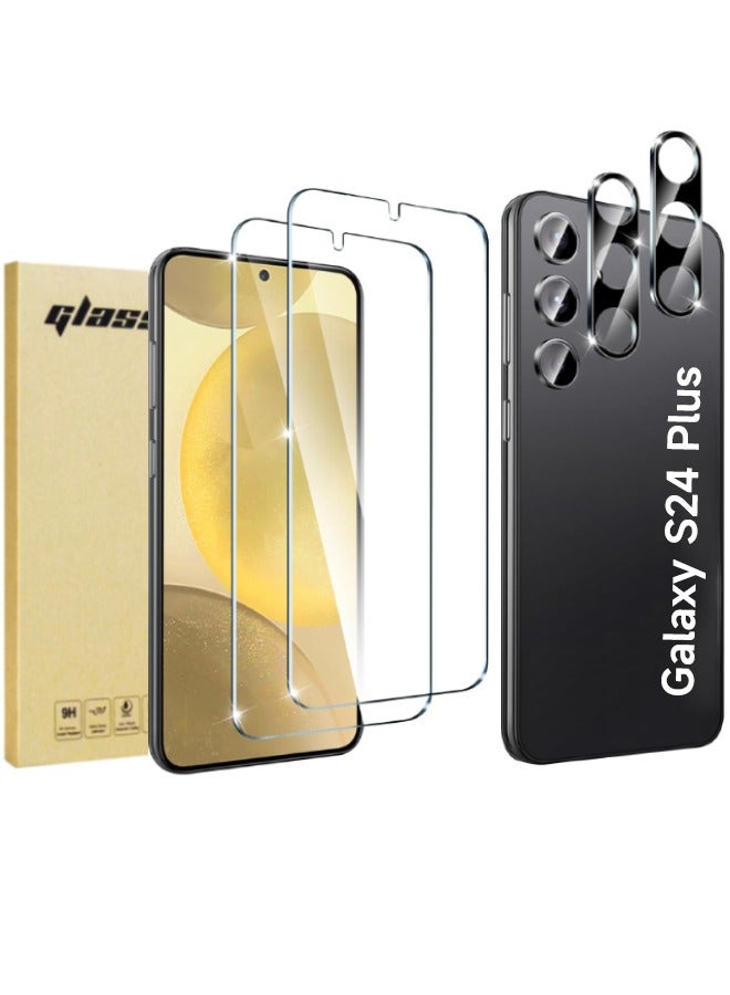 【2+2 Pack】2PCS Samsung Galaxy S24 Plus Screen Protector + 2PCS Camera Lens Screen Protector Set, 9H Hardness, Support Fingerprint Unlock, Ultra Thin HD Glass Film (Boxed, Included Installation Tools)