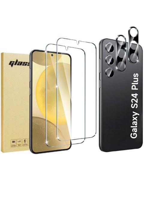 【2+2 Pack】2PCS Samsung Galaxy S24 Plus Screen Protector + 2PCS Camera Lens Screen Protector Set, 9H Hardness, Support Fingerprint Unlock, Ultra Thin HD Glass Film (Boxed, Included Installation Tools)