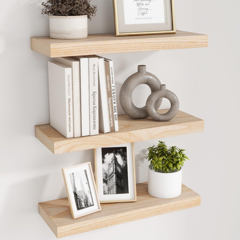 fuqing Natural Wood Floating Shelves - Wood Floating Shelves for Wall Set of 3-17 Inch Wide x 6.7 Inch Deep Natural Wooden Shelves for Living Room Bedroom Home Office - Image 1