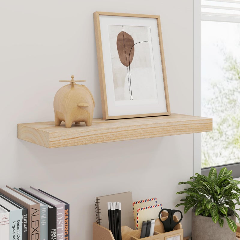 fuqing Natural Wood Floating Shelves - Wood Floating Shelves for Wall Set of 3-17 Inch Wide x 6.7 Inch Deep Natural Wooden Shelves for Living Room Bedroom Home Office - Image 2