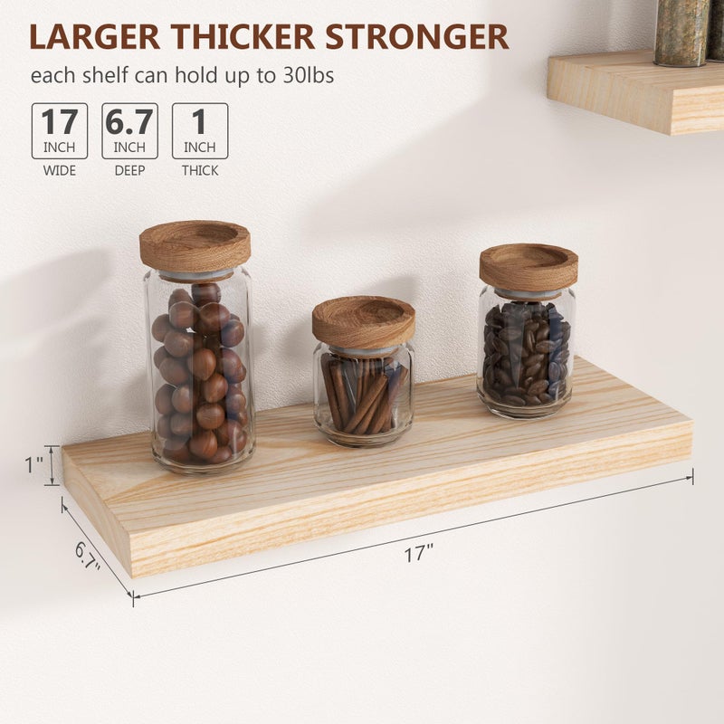 fuqing Natural Wood Floating Shelves - Wood Floating Shelves for Wall Set of 3-17 Inch Wide x 6.7 Inch Deep Natural Wooden Shelves for Living Room Bedroom Home Office - Image 4