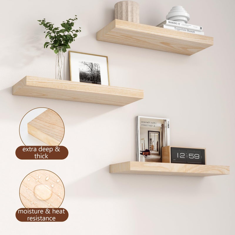 fuqing Natural Wood Floating Shelves - Wood Floating Shelves for Wall Set of 3-17 Inch Wide x 6.7 Inch Deep Natural Wooden Shelves for Living Room Bedroom Home Office - Image 5