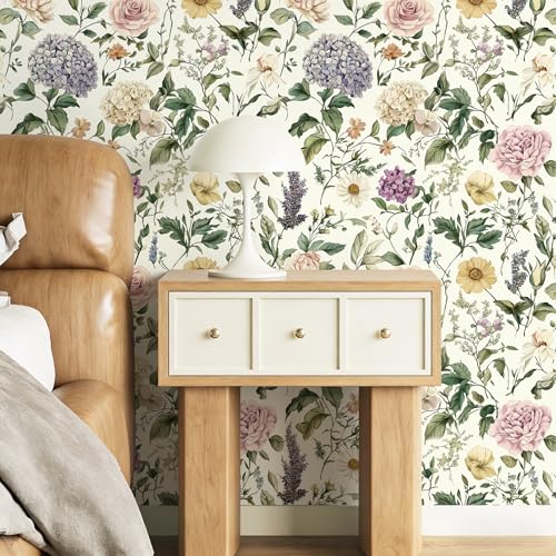 HeloHo Floral Peel and Stick Wallpaper Vintage Floral Contact Paper Boho Flower Botanical Wallpaper Removable Self Adhesive Farmhouse Wall Paper for Cabinets Bathroom Bedroom Vinyl 173x787 - Image 3