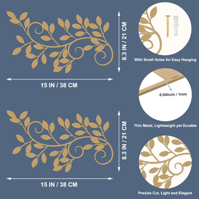 ESTART 2 Pieces Metal Tree Leaf Wall Decor Vine Olive Branch Leaf Wall Art Wrought Iron Scroll Sculptures for Above the Bed, Living Room, Bedroom, Hallway, Indoor and Outdoor Decoration (Gold) - Image 5