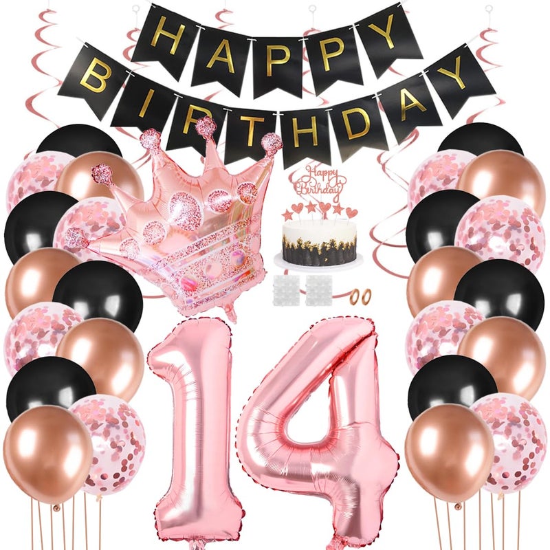 Juland 14th Birthday Party Decorations Black Gold Rose Happy Birthday Banner Latex Balloons Confetti Pink Crown 14 Number Foil Balloon Hanging Swirl Cake Topper for Boy Girl - Image 3
