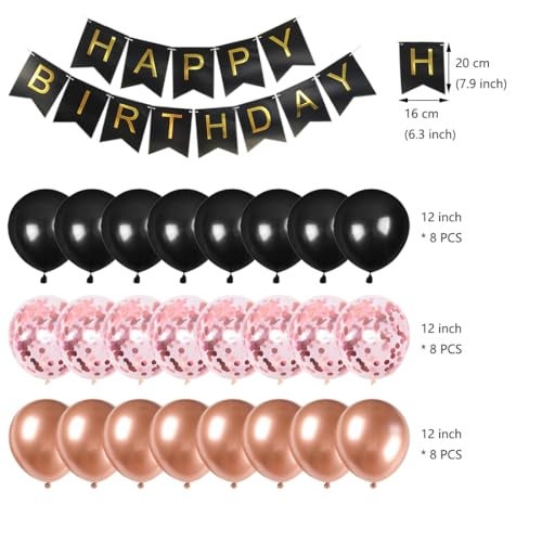 Juland 14th Birthday Party Decorations Black Gold Rose Happy Birthday Banner Latex Balloons Confetti Pink Crown 14 Number Foil Balloon Hanging Swirl Cake Topper for Boy Girl - Image 5