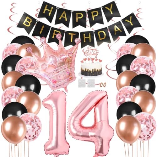 Juland 14th Birthday Party Decorations Black Gold Rose Happy Birthday Banner Latex Balloons Confetti Pink Crown 14 Number Foil Balloon Hanging Swirl Cake Topper for Boy Girl - Image 1