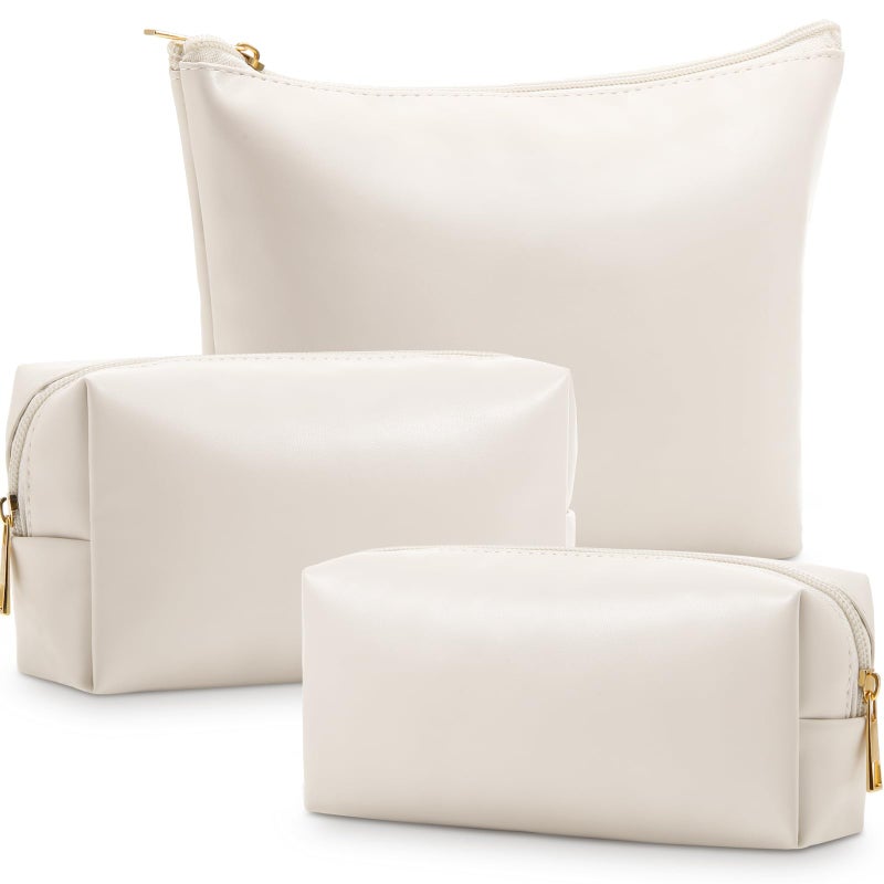 Kigeli 3 Piece Leather Makeup Bag Set for Purse PU Leather Cosmetic Bag Aesthetic Toiletry Travel Purse Organizer Pouch for Bridesmaid Birthday Spring Easter Wedding Valentine Women Gifts(Beige) - Image 1