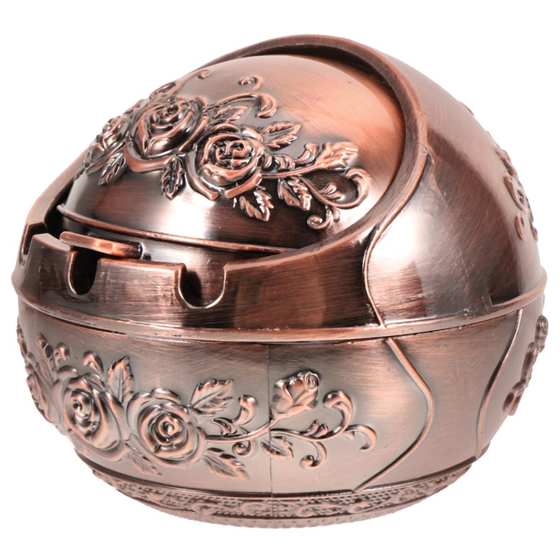 Vintage Rose Pattern Aluminum Alloy Ball Shaped Ashtray With Lid Retro Smokeless Design - Image 2