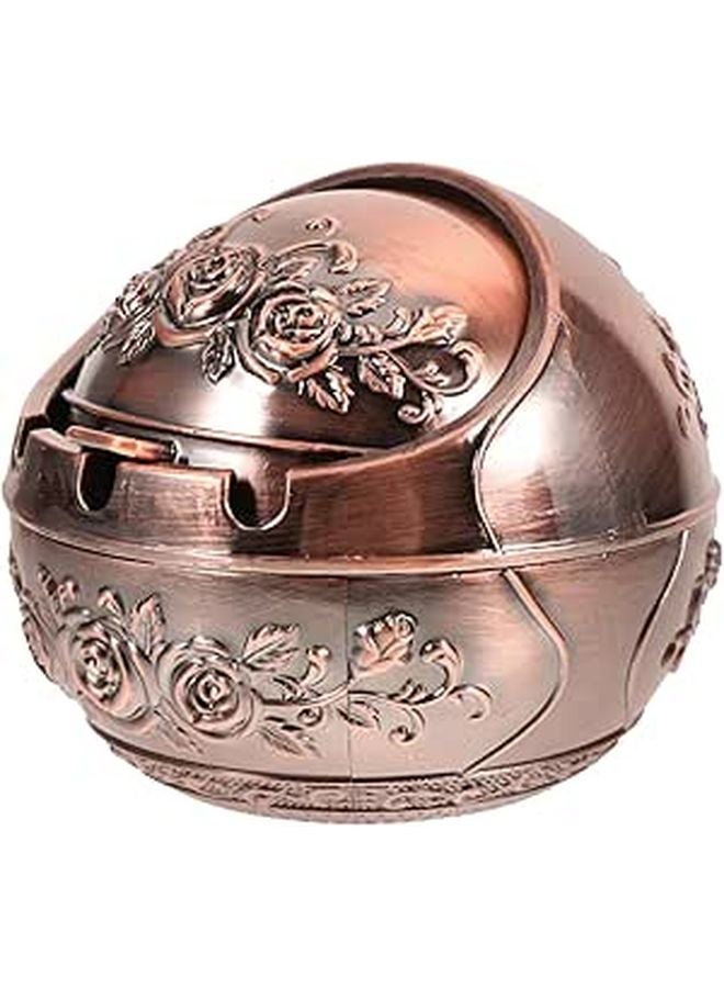 Vintage Rose Pattern Aluminum Alloy Ball Shaped Ashtray With Lid Retro Smokeless Design - Image 1