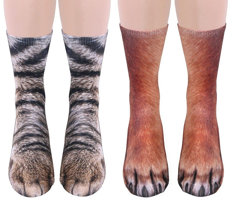Tiaronics 2Pairs 3D Socks Unisex Adult Big Kids Animal Paw Crew Socks - Sublimated Print (dog+cat) Medium - Image 1