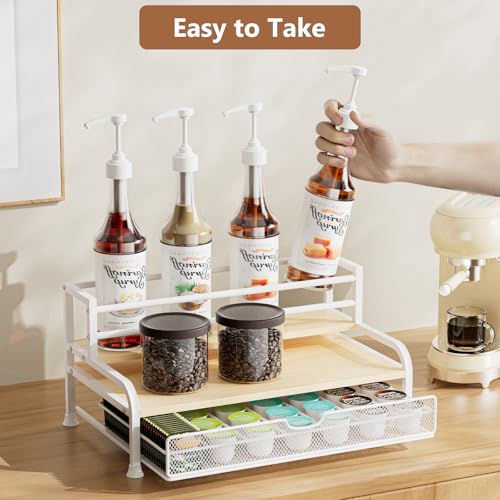 PONEYA Coffee Syrup Rack Organizer, 3-Tier 8 Bottles Syrup Rack with 35 K Cup Storage Basket for Coffee Bar, Countertop Bottle Holder Stand for Wine, Dressing for Kitchen Cafe Station- White - Image 2