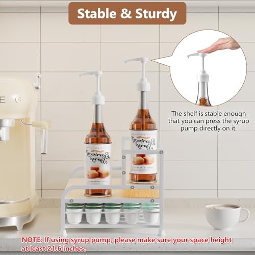 PONEYA Coffee Syrup Rack Organizer, 3-Tier 8 Bottles Syrup Rack with 35 K Cup Storage Basket for Coffee Bar, Countertop Bottle Holder Stand for Wine, Dressing for Kitchen Cafe Station- White - Image 4