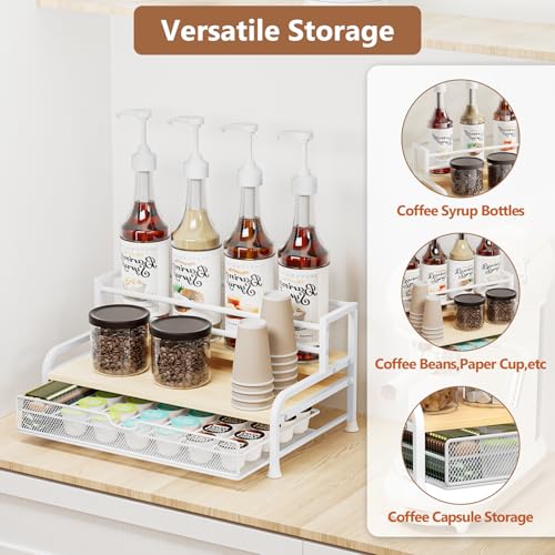 PONEYA Coffee Syrup Rack Organizer, 3-Tier 8 Bottles Syrup Rack with 35 K Cup Storage Basket for Coffee Bar, Countertop Bottle Holder Stand for Wine, Dressing for Kitchen Cafe Station- White - Image 5
