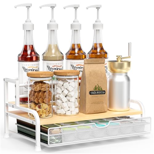PONEYA Coffee Syrup Rack Organizer, 3-Tier 8 Bottles Syrup Rack with 35 K Cup Storage Basket for Coffee Bar, Countertop Bottle Holder Stand for Wine, Dressing for Kitchen Cafe Station- White - Image 1