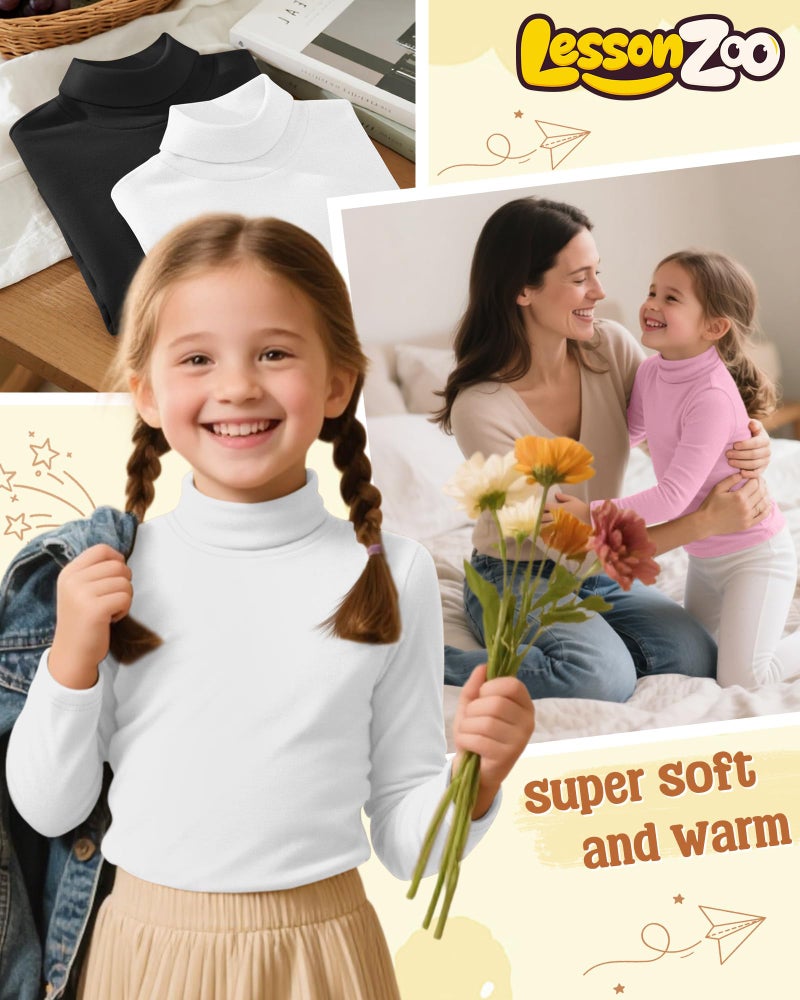 LessonZoo 3 Pack Girls Turtleneck T Shirt, Fleece Mock Neck Thermal Tops Long Sleeve Kids Sweater Soft Base Layer Undershirt (Pink, White, Black,5-6 Years) - Image 2