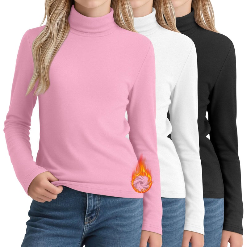 LessonZoo 3 Pack Girls Turtleneck T Shirt, Fleece Mock Neck Thermal Tops Long Sleeve Kids Sweater Soft Base Layer Undershirt (Pink, White, Black,5-6 Years) - Image 1
