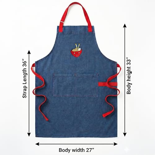 RUSTIQUE LINENS: 100% Cotton Lightweight Denim Apron with Embroidered Motif | Soft, Durable & Adjustable Kitchen Apron for Cooking, Baking & Cleaning | Free Detachable Terry Towel Included - Image 5