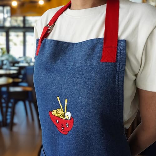RUSTIQUE LINENS: 100% Cotton Lightweight Denim Apron with Embroidered Motif | Soft, Durable & Adjustable Kitchen Apron for Cooking, Baking & Cleaning | Free Detachable Terry Towel Included - Image 3