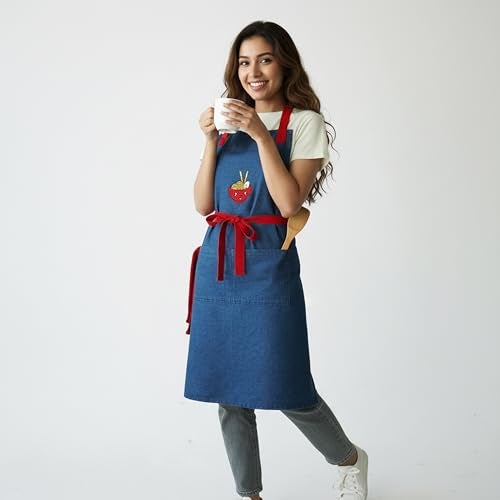 RUSTIQUE LINENS: 100% Cotton Lightweight Denim Apron with Embroidered Motif | Soft, Durable & Adjustable Kitchen Apron for Cooking, Baking & Cleaning | Free Detachable Terry Towel Included - Image 2