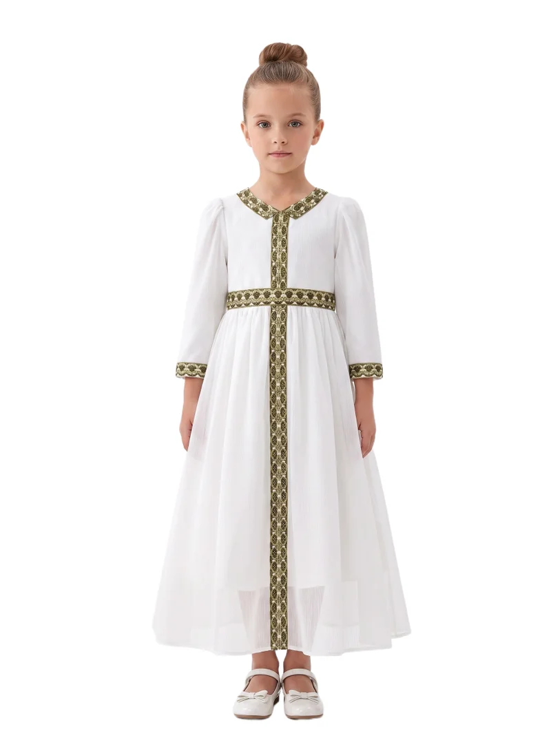 D'Daniela Elegant White Kaftan with Embroidered Empire Waist