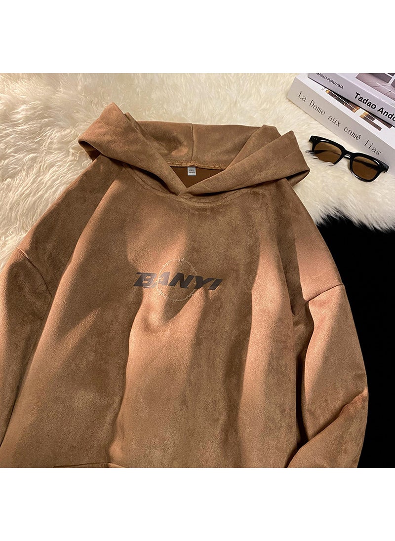 Generic Mens Retro Suede Hoodie Autumn Winter Casual Letter Pullover Brown  - Image 1