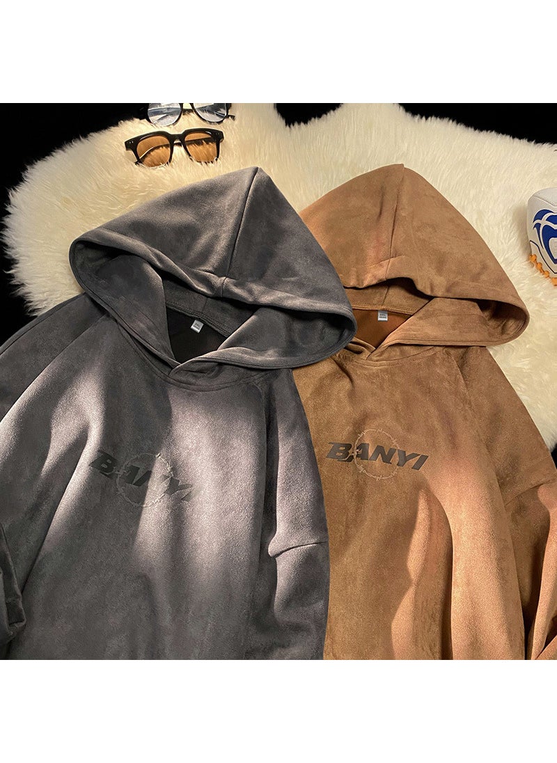 Generic Mens Retro Suede Hoodie Autumn Winter Casual Letter Pullover Brown  - Image 5