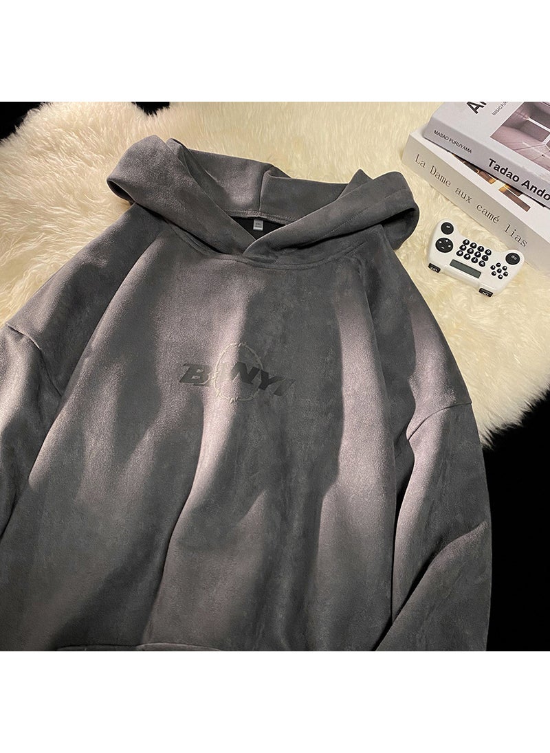 Generic Mens Retro Suede Hoodie Autumn Winter Casual Letter Pullover Brown  - Image 3