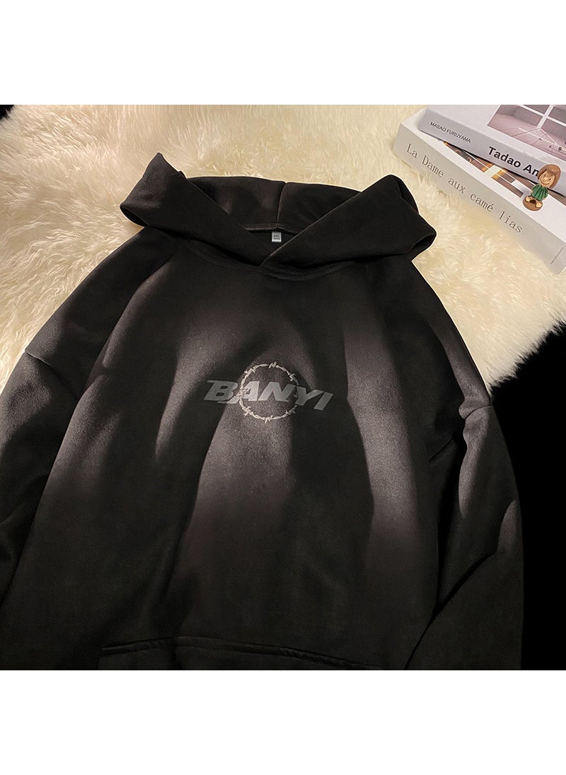 Generic Mens Retro Suede Hoodie Autumn Winter Casual Letter Pullover Brown  - Image 2