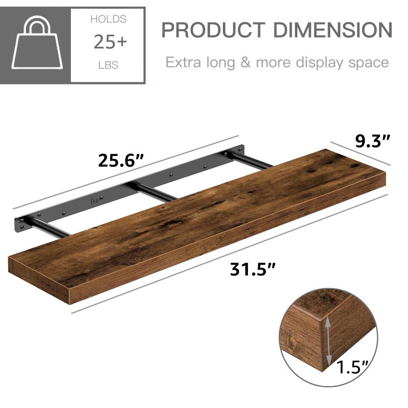 QEEIG Floating Shelves for Wall 31.5" Long - Wall Mounted Shelf Bathroom Kitchen Living Room Bedroom Farmhouse Home Decor Display Bookshelf Large 31.5 x 9.3 inch Set of 2, Rustic Brown (008-80BN) - Image 3