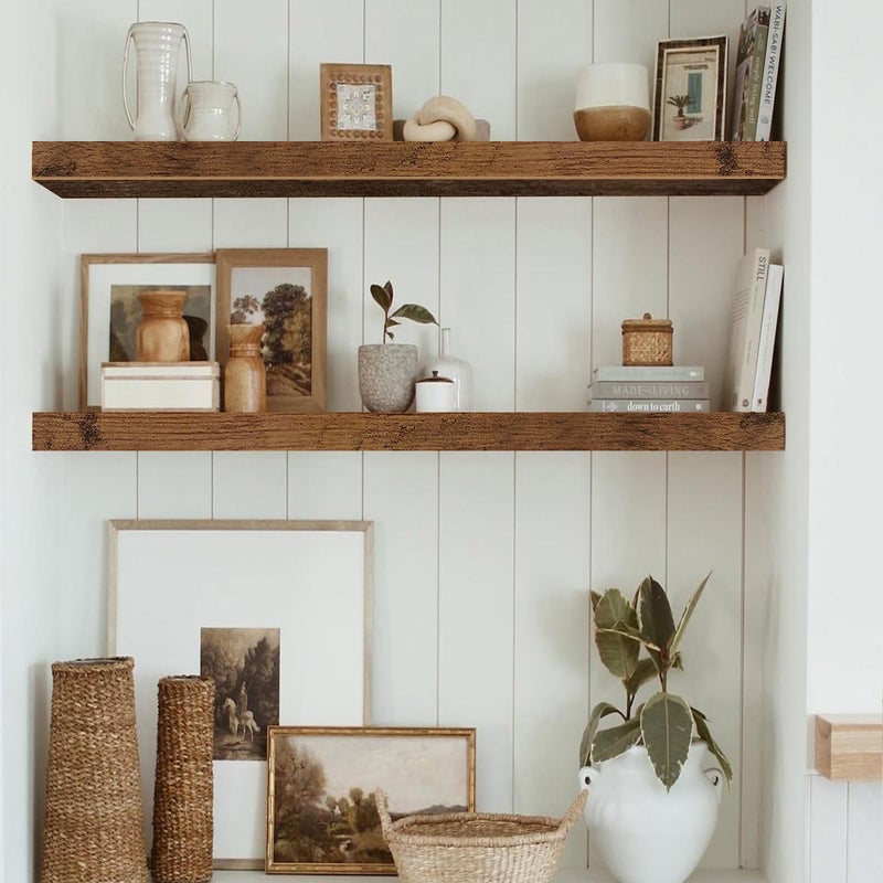 QEEIG Floating Shelves for Wall 31.5" Long - Wall Mounted Shelf Bathroom Kitchen Living Room Bedroom Farmhouse Home Decor Display Bookshelf Large 31.5 x 9.3 inch Set of 2, Rustic Brown (008-80BN) - Image 2