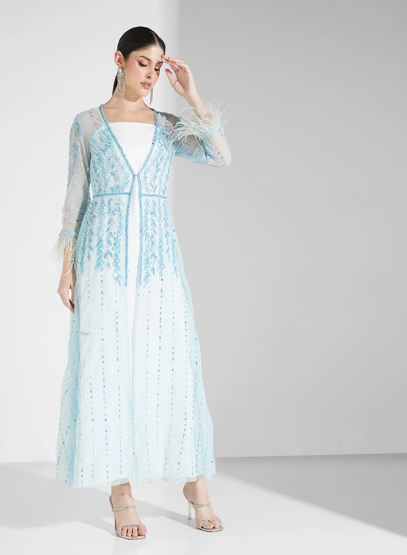 Fashion Trends by Suzy Matar Embroidered Inner and Jacket with Feathered Sleeves