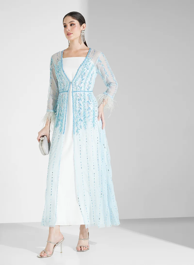 Fashion Trends by Suzy Matar Embroidered Inner and Jacket with Feathered Sleeves