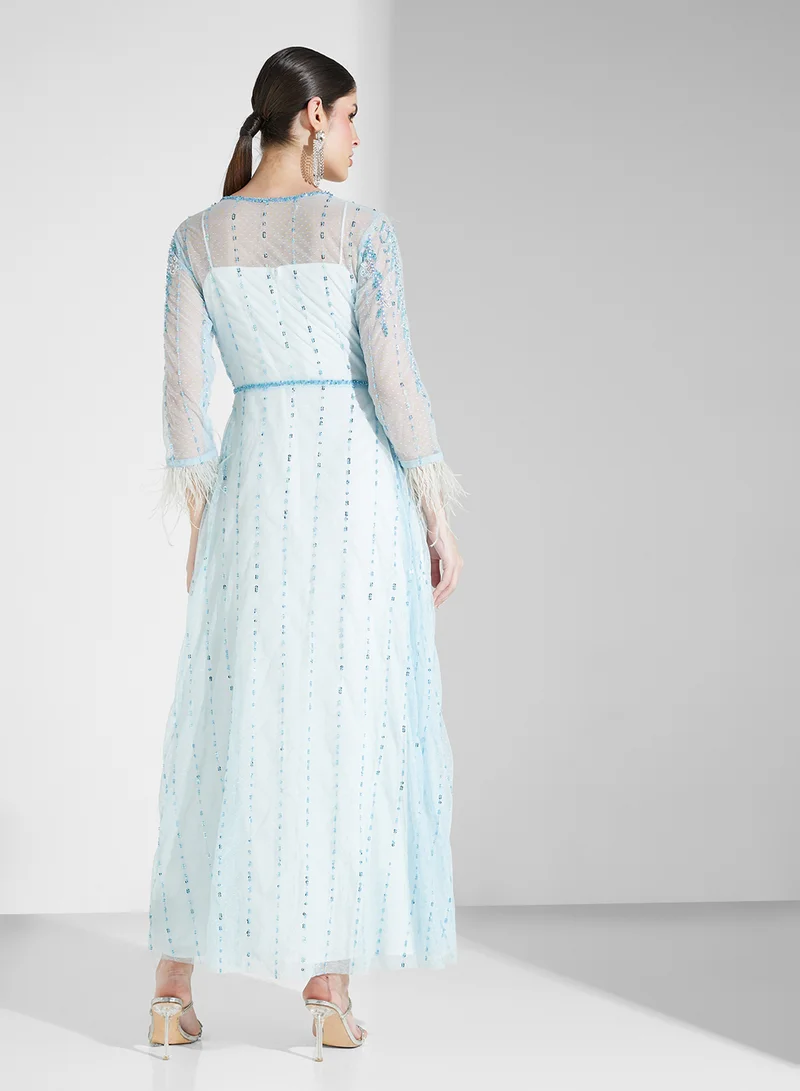 Fashion Trends by Suzy Matar Embroidered Inner and Jacket with Feathered Sleeves