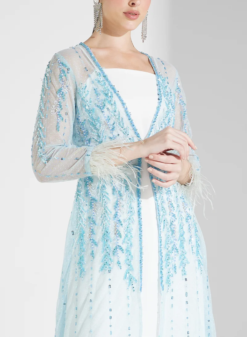Fashion Trends by Suzy Matar Embroidered Inner and Jacket with Feathered Sleeves