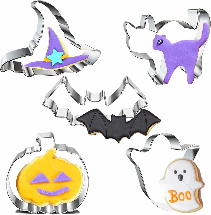 Q-BAKER Halloween Cookie Cutters Set- 5 Pieces Stainless Steel Baking Cutter Molds Pumpkin, Ghost, Witch's Hat, Bat, Cat Cookie Cutters Holiday Decorative Party Supplies - Image 1