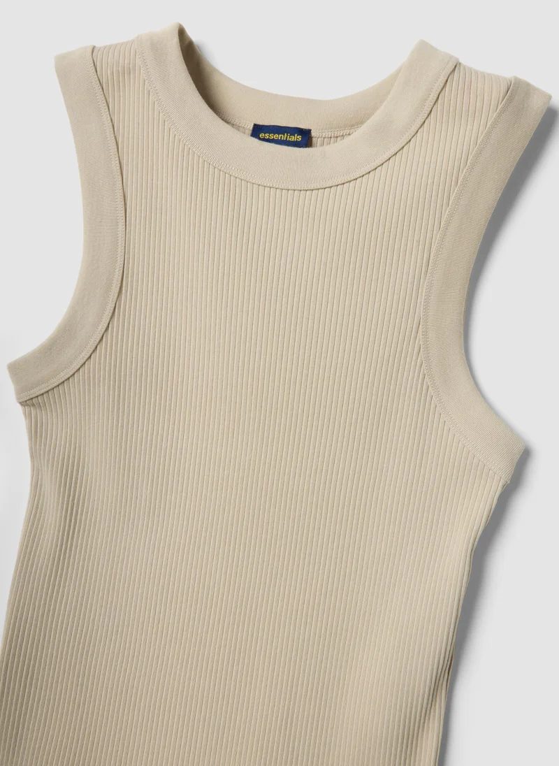 Ovs OVS Beige Fitted Ribbed Stretch-Cotton Tank Top