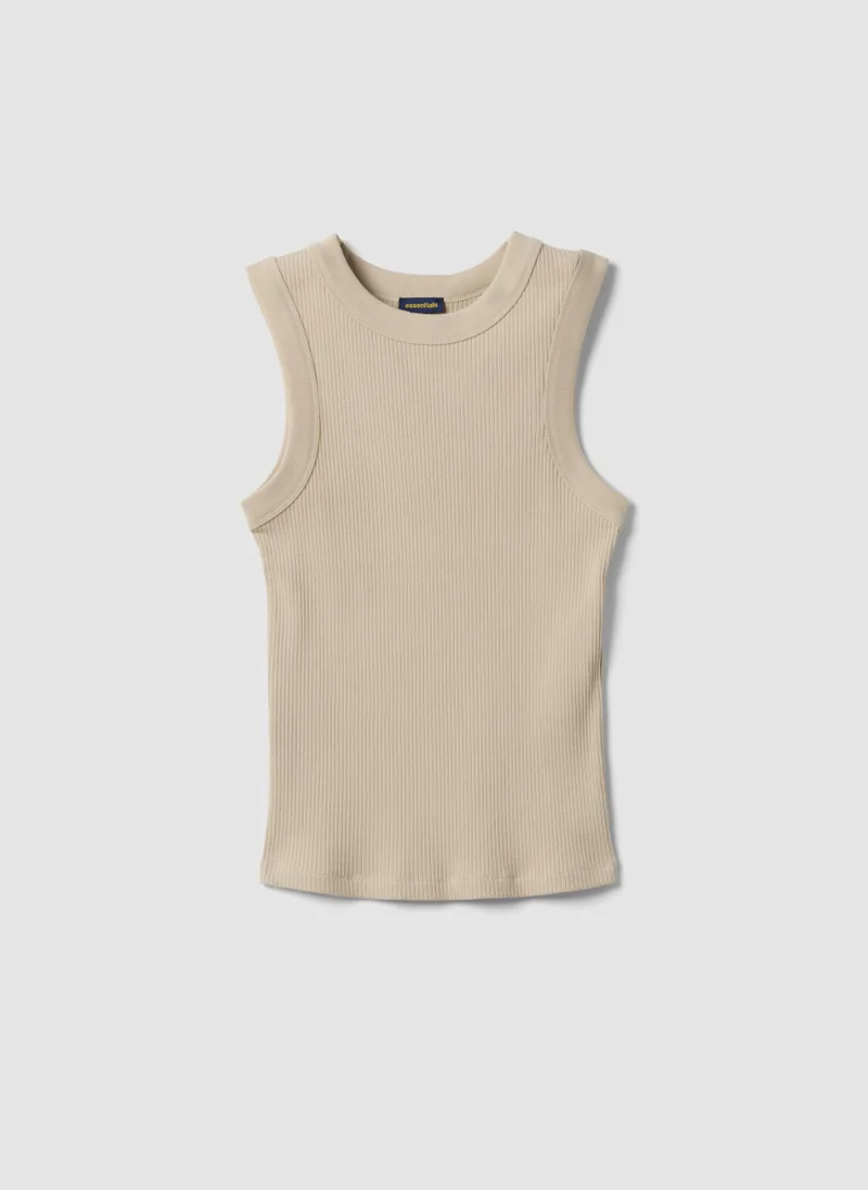 Ovs OVS Beige Fitted Ribbed Stretch-Cotton Tank Top