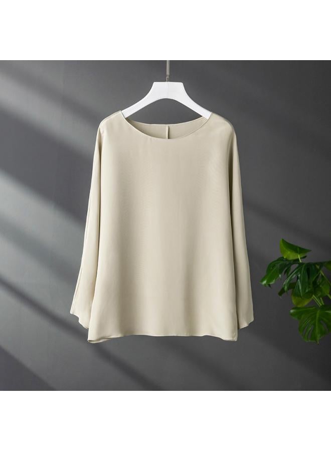 VUELO Spring New Base Shirt Silk T-shirt Women's Mulberry Silk Round Neck Pullover Heavy Silk Long Sleeve Top  - Image 1