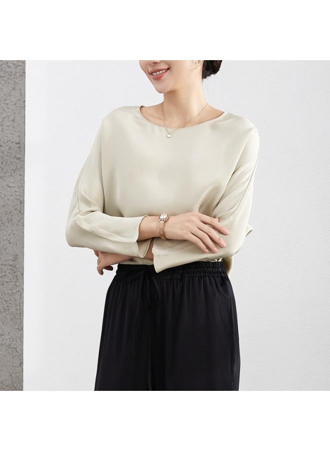 VUELO Spring New Base Shirt Silk T-shirt Women's Mulberry Silk Round Neck Pullover Heavy Silk Long Sleeve Top  - Image 3