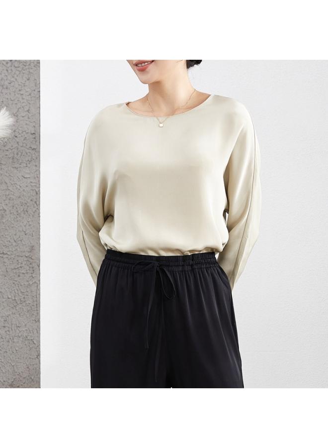 VUELO Spring New Base Shirt Silk T-shirt Women's Mulberry Silk Round Neck Pullover Heavy Silk Long Sleeve Top  - Image 4