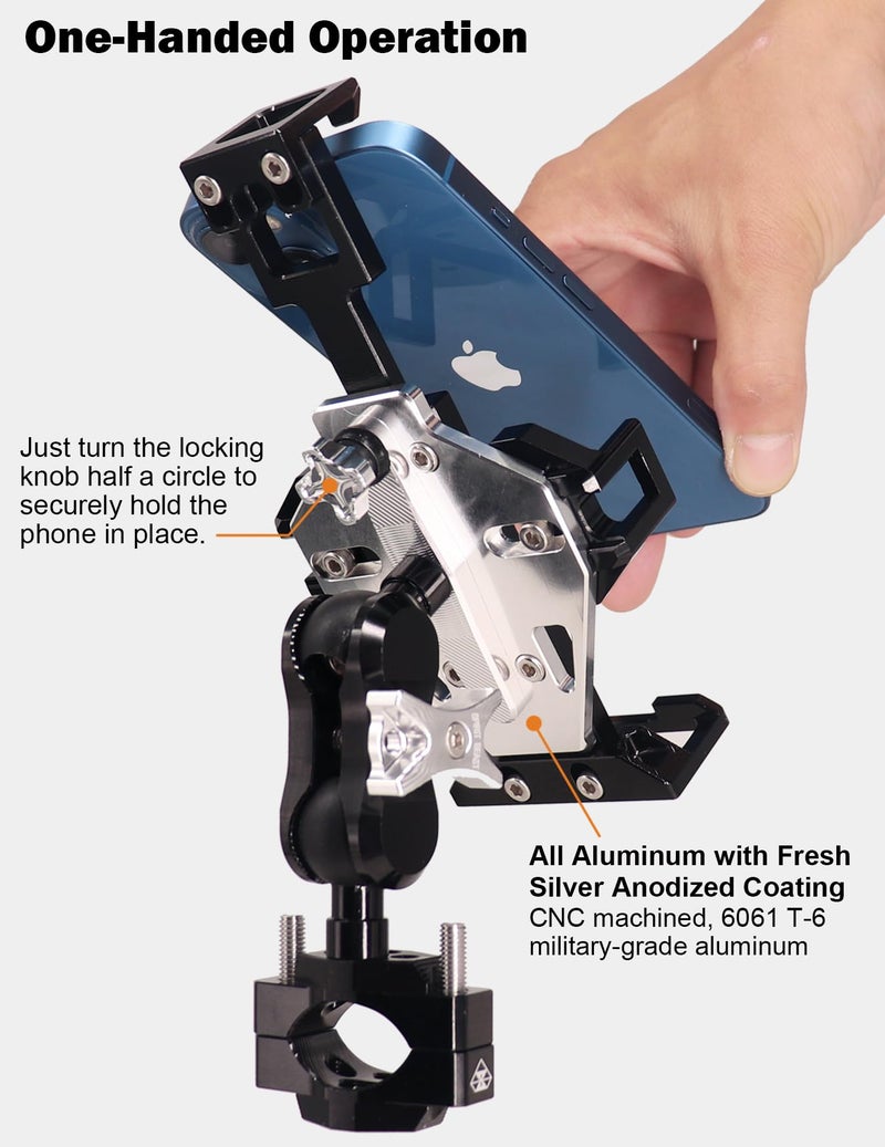 WINDFRD Rock Solid Metal Motorcycle Phone Mount, Aluminum Cell Phone Holder, Sturdy and Anti-Theft, Compatible with Harley Davidson and Most Motorcycle Handlebars (Silver ＆ Black) - Image 3