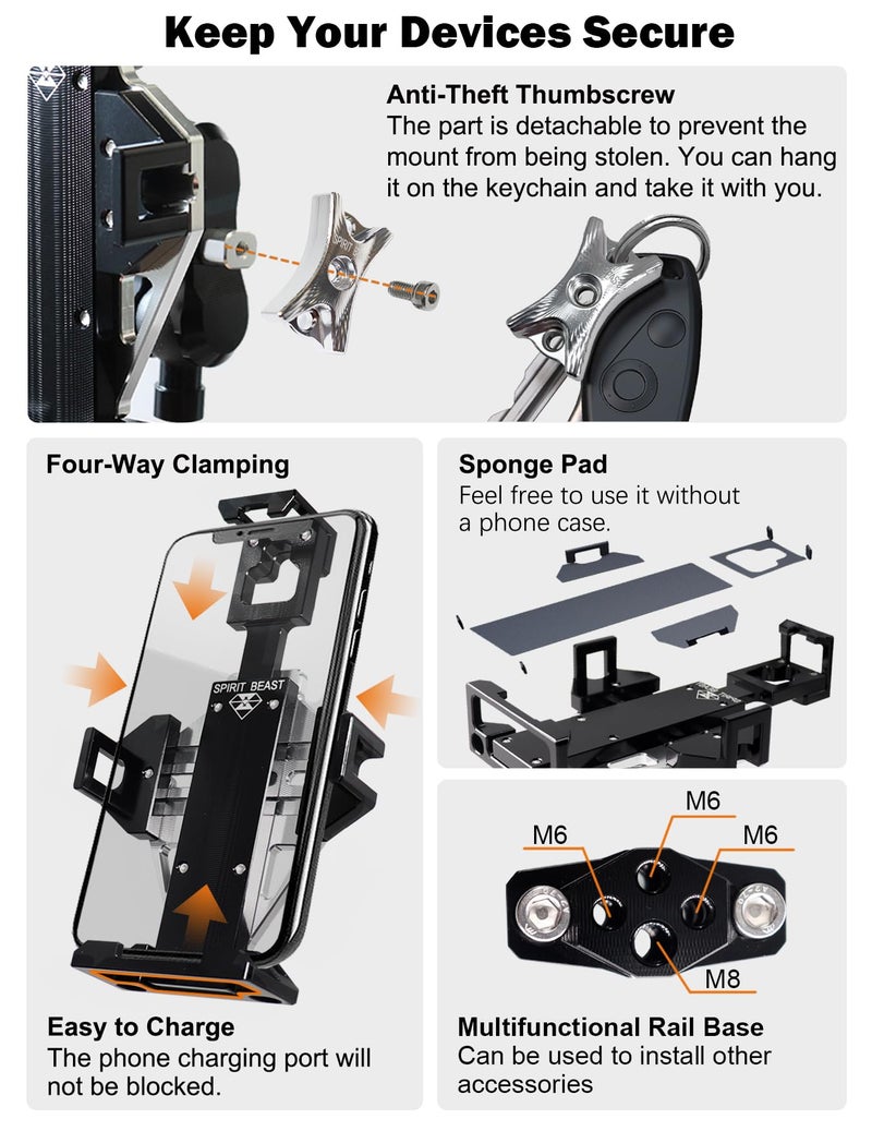 WINDFRD Rock Solid Metal Motorcycle Phone Mount, Aluminum Cell Phone Holder, Sturdy and Anti-Theft, Compatible with Harley Davidson and Most Motorcycle Handlebars (Silver ＆ Black) - Image 4