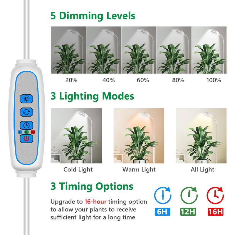 Aumtrly Floor Grow Lights for Indoor Plants, Full Spectrum Plant Light with 68" Stand for Growing Large Tall Plants, White Halo Grow Lamp with 6/12/16H Timer, 3 Light Modes, 5 Dimming - Image 2