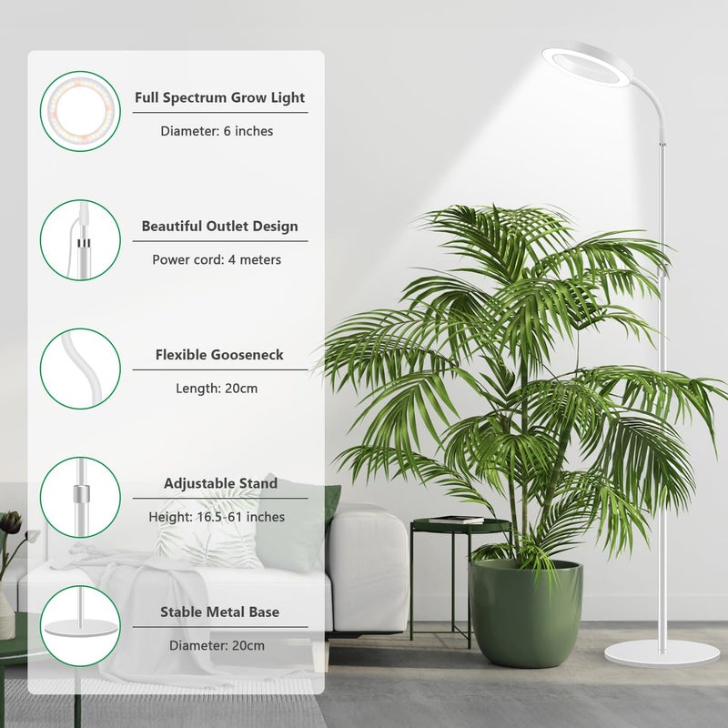 Aumtrly Floor Grow Lights for Indoor Plants, Full Spectrum Plant Light with 68" Stand for Growing Large Tall Plants, White Halo Grow Lamp with 6/12/16H Timer, 3 Light Modes, 5 Dimming - Image 4