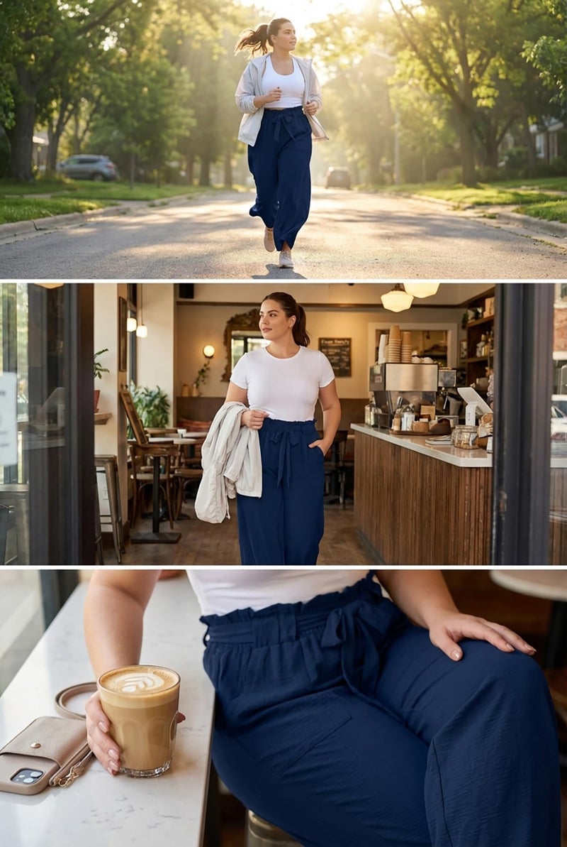 OLRIK Women's Casual Plus Size Pants High Waisted Self-tie Belted Lounge Pants Straight Long Trousers with Pockets Dark Blue-2X - Image 4