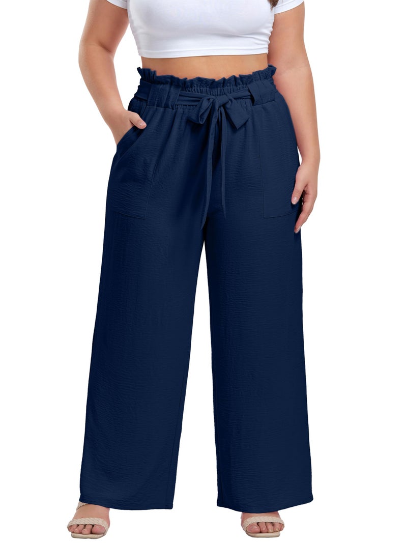 OLRIK Women's Casual Plus Size Pants High Waisted Self-tie Belted Lounge Pants Straight Long Trousers with Pockets Dark Blue-2X - Image 1