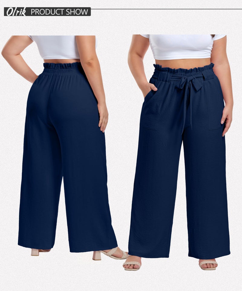 OLRIK Women's Casual Plus Size Pants High Waisted Self-tie Belted Lounge Pants Straight Long Trousers with Pockets Dark Blue-2X - Image 2