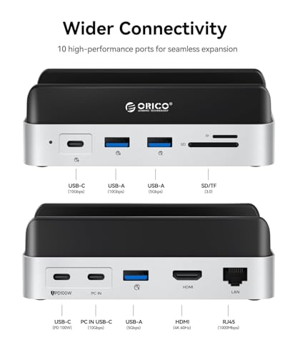 ORICO MiniDock Dock and Stand Compatibility with Mac mini M4, 10-in-1 Aluminum Hub with M.2 SSD Enclosure, 10Gbps USB-C & USB-A,5Gbps USB-A,4K HDMI, Gigabit Ethernet, SD/TF Card Readers,Type-C(PD3.0) - Image 4