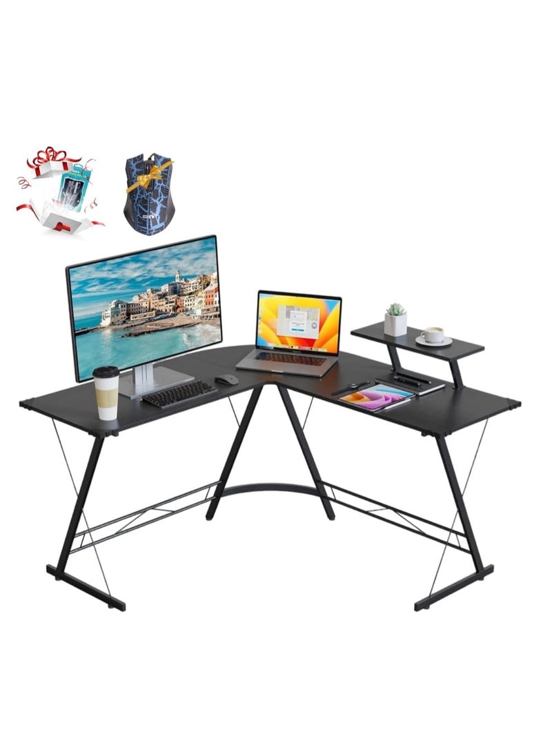 KASINDA - Kasinda L-Shaped Computer Desk, Come's With Lighting Mouse Gift, Home Office Corner Table with Monitor Stand, Space-Saving, Easy Assembly (Black) - Image 1
